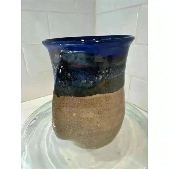 Neher Art Pottery Mug Right Hand Warmer Cup Blue Beige 2022 Signed - Picture 3 of 9